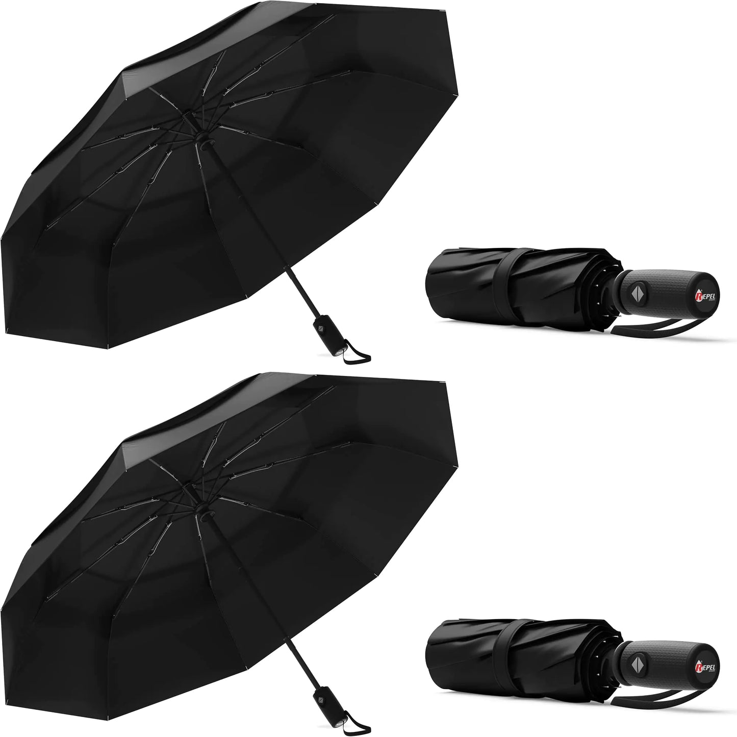 Repel Umbrella Windproof Travel Umbrellas for Rain - Easy Auto Open Close, Durable & Compact Umbrella, Strong Fiberglass Frame, Waterproof Canopy - Backpack, Purse, Portable Umbrella for Travel C. Black - Travel - 2 Pack