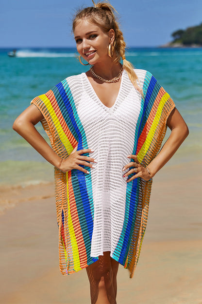 Openwork Striped Slit Knit Cover Up