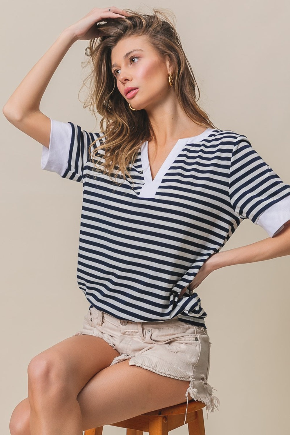 BiBi Contrast Striped Notched Knit Top