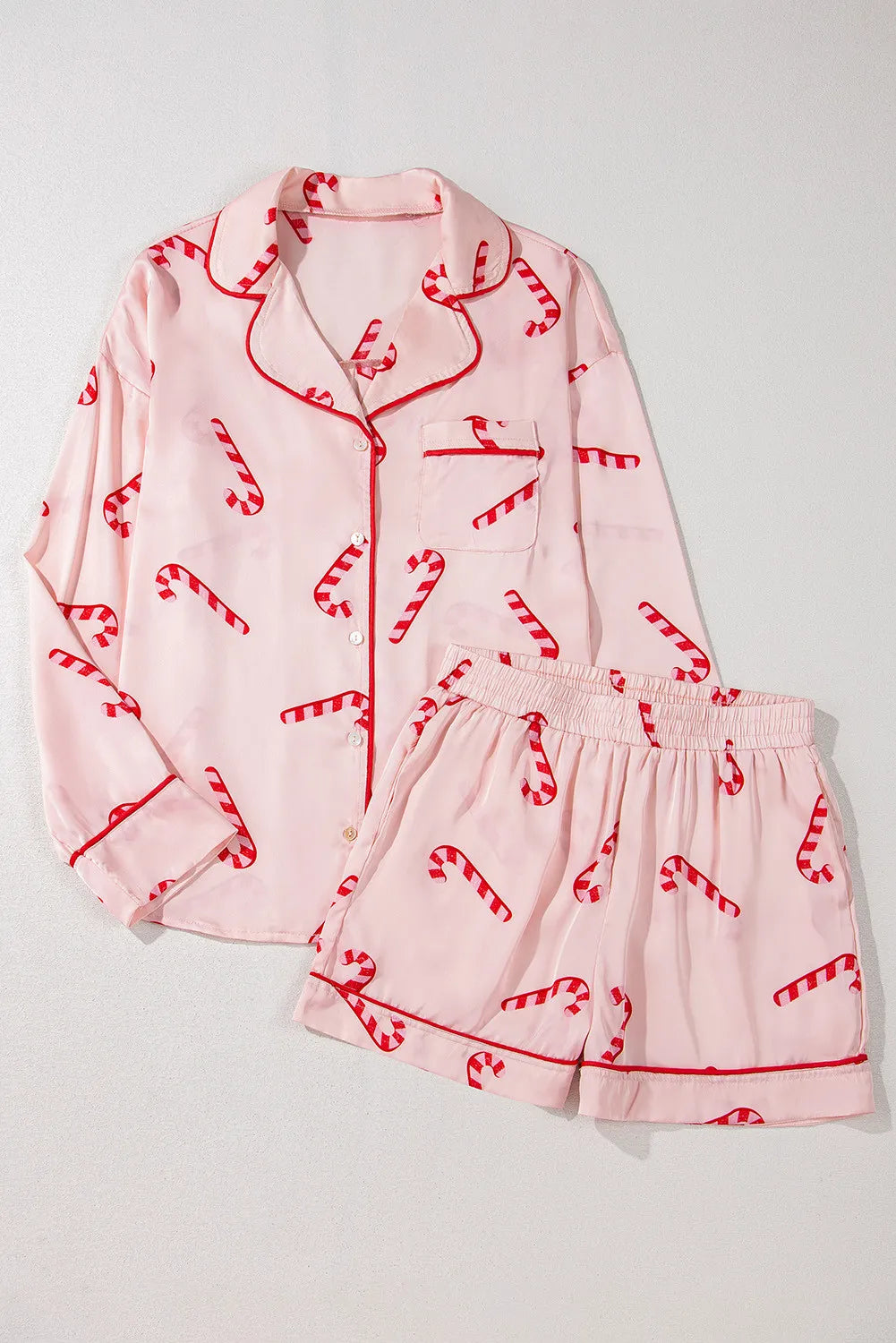 Candy Cane Collared Neck Long Sleeve Top and Shorts Lounge Set