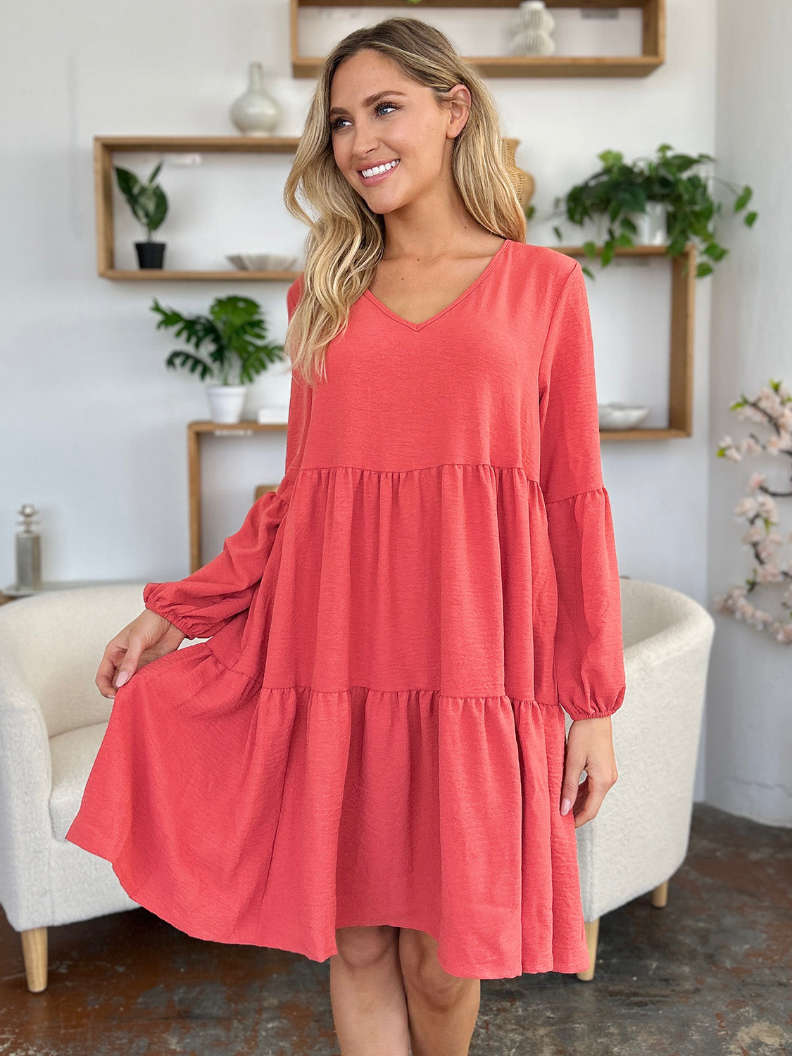 Double Take Full Size V-Neck Balloon Sleeve Tiered Dress