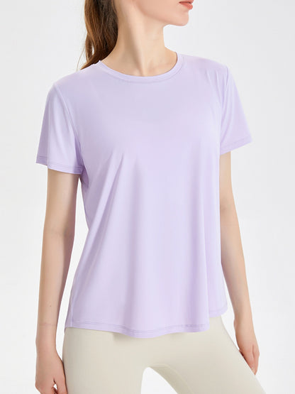 Slit Round Neck Short Sleeve Active T-Shirt