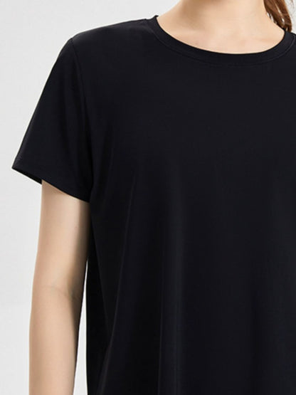 Slit Round Neck Short Sleeve Active T-Shirt