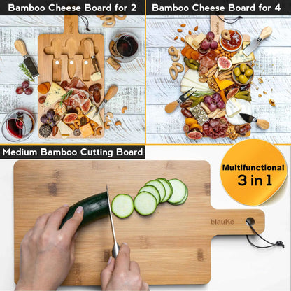 Bamboo Cheese Board and Knife Set - 12x8 inch Charcuterie Board with Magnetic Cutlery Storage - Wood Serving Tray with Handle