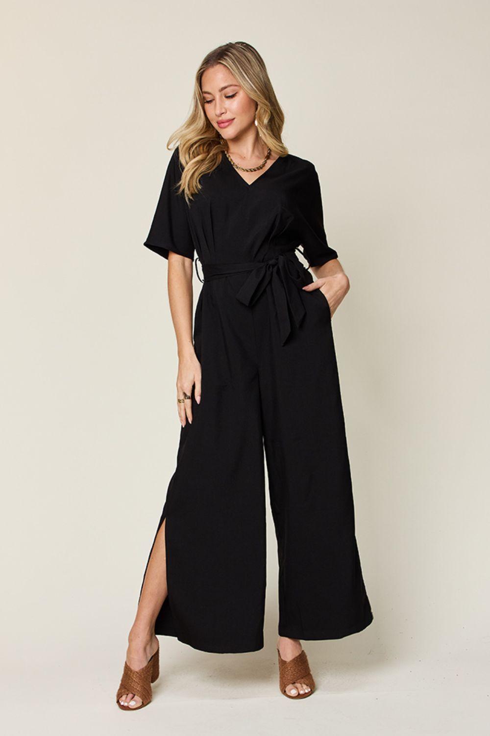 Double Take Full Size V-Neck Tie Front Short Sleeve Slit Jumpsuit