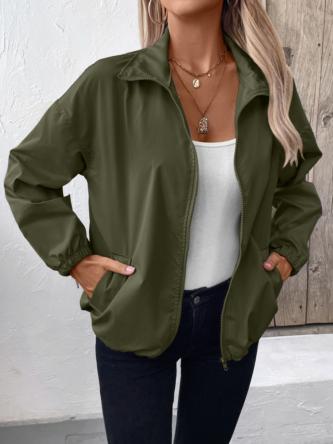 Pocketed Zip Up Long Sleeve Jacket