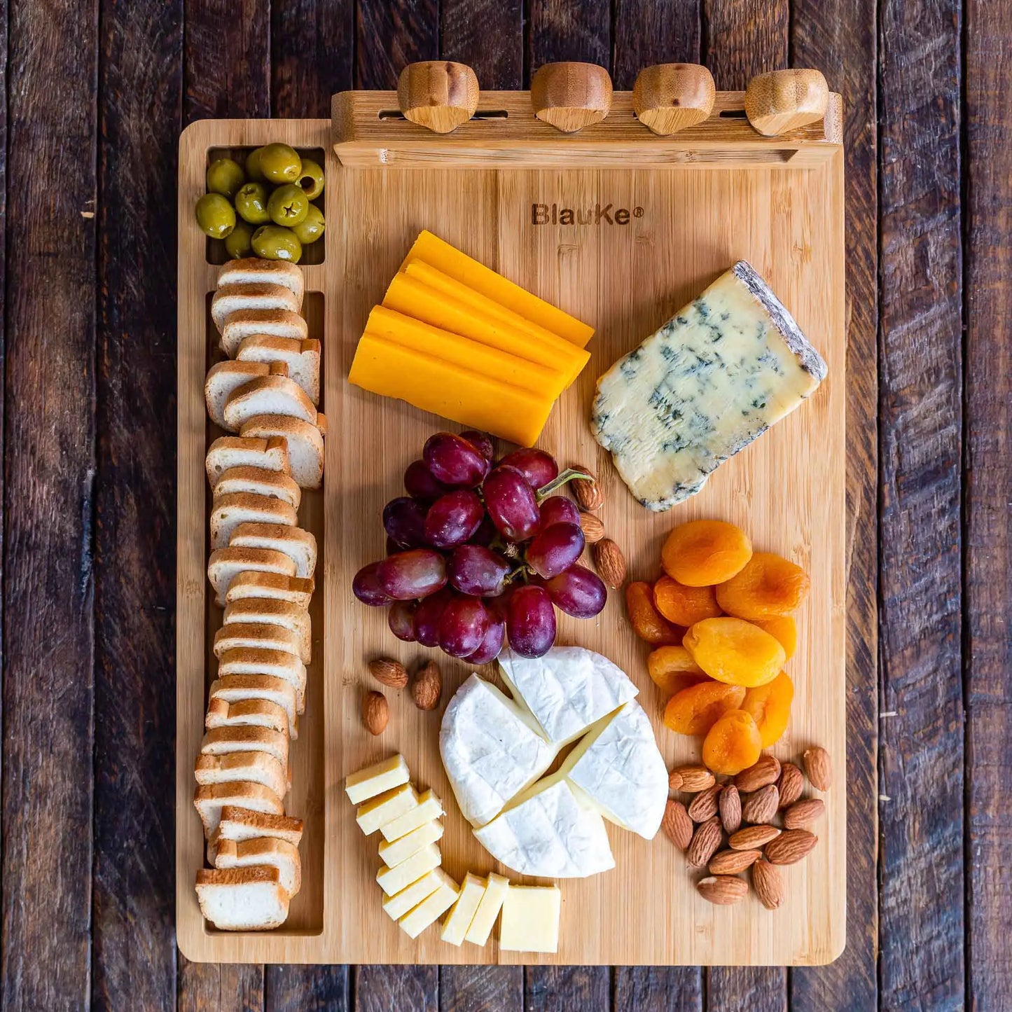 Bamboo Cheese Board and Knife Set - 14x11 inch Charcuterie Board with 4 Cheese Knives - Wood Serving Tray