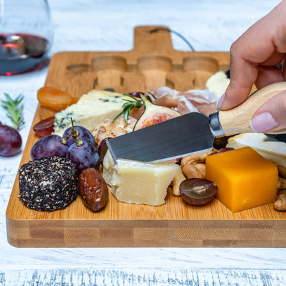 Bamboo Cheese Board and Knife Set - 12x8 inch Charcuterie Board with Magnetic Cutlery Storage - Wood Serving Tray with Handle