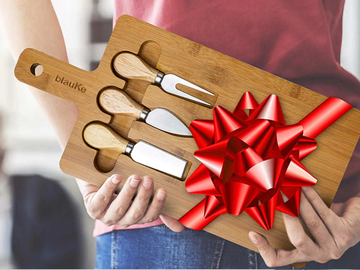 Bamboo Cheese Board and Knife Set - 12x8 inch Charcuterie Board with Magnetic Cutlery Storage - Wood Serving Tray with Handle