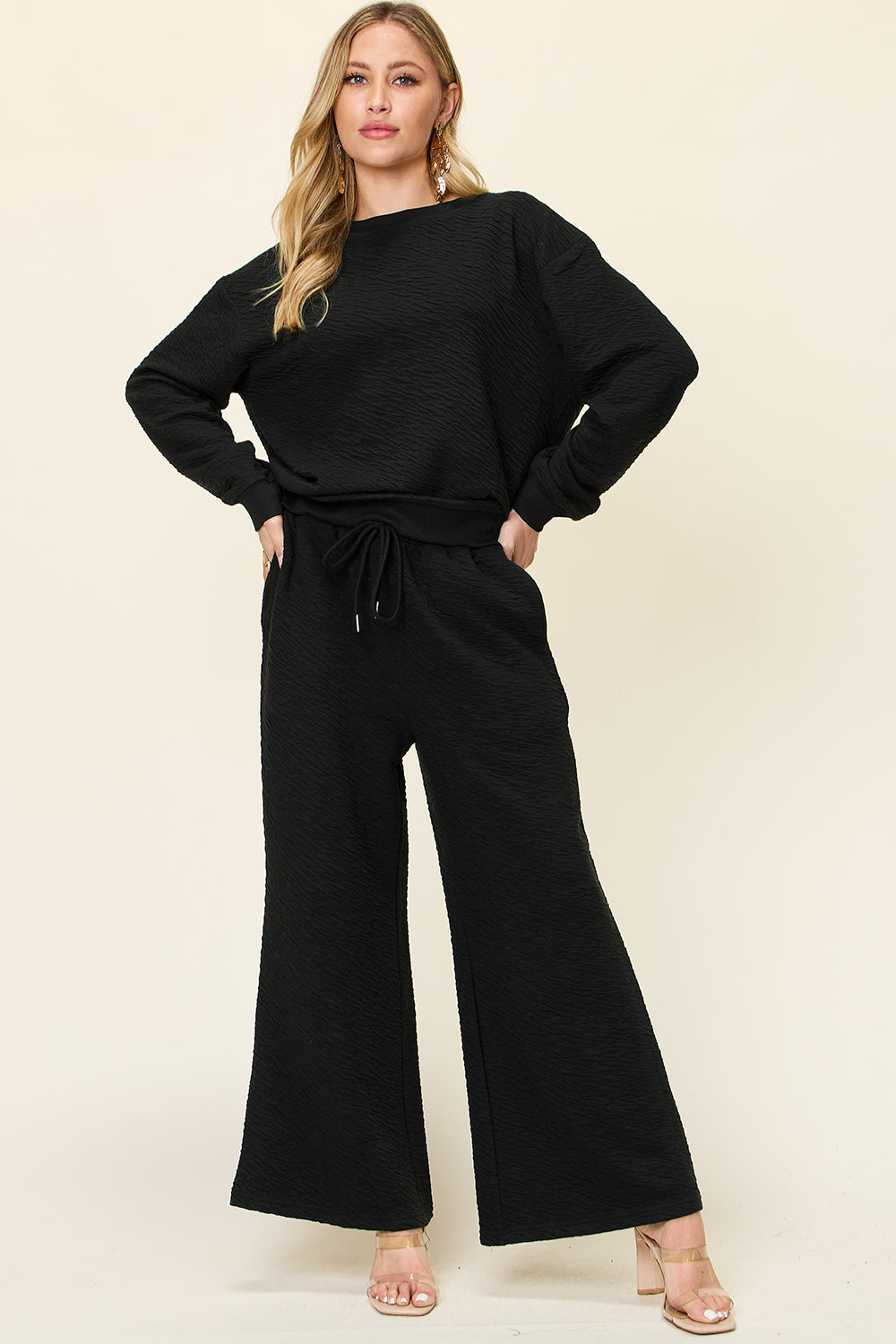 Double Take Full Size Texture Long Sleeve Top and Pants Set