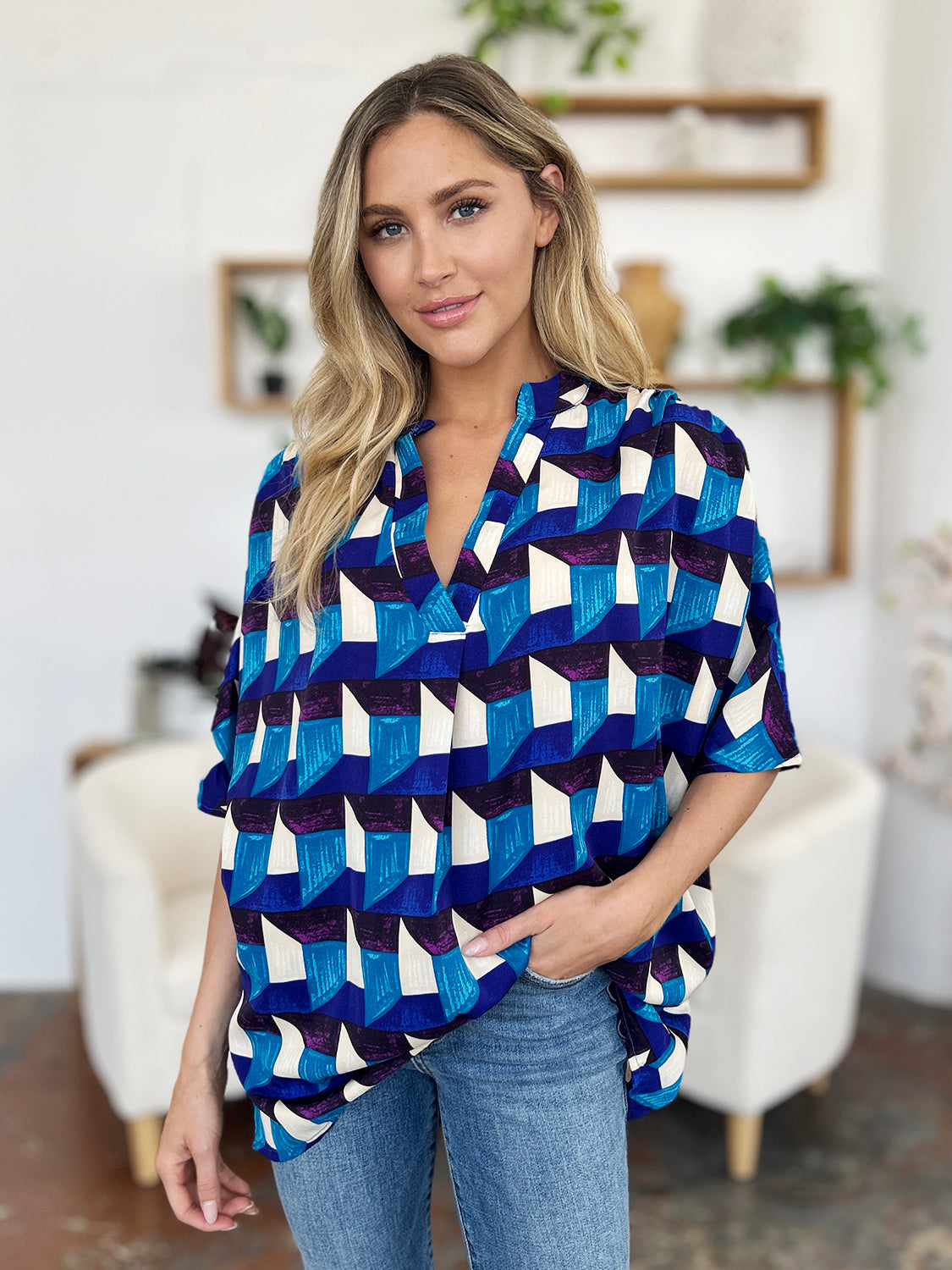 Double Take Full Size Geometric Notched Half Sleeve Blouse