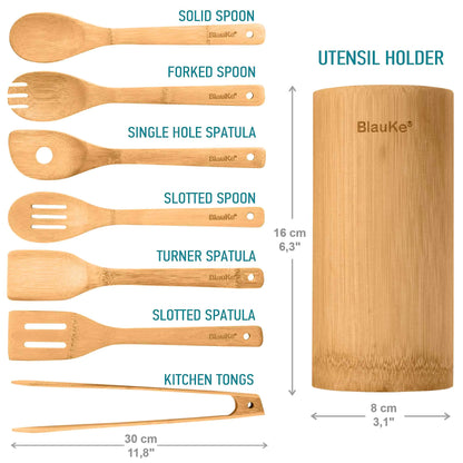 Bamboo Kitchen Utensils Set 8-Pack - Wooden Cooking Utensils for Nonstick Cookware - Wooden Cooking Spoons, Spatulas, Turner, Tongs, Utensil Holder