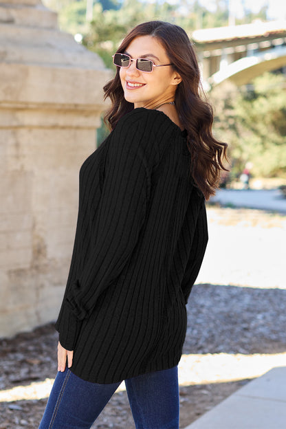 Basic Bae Full Size Ribbed Round Neck Long Sleeve Knit Top