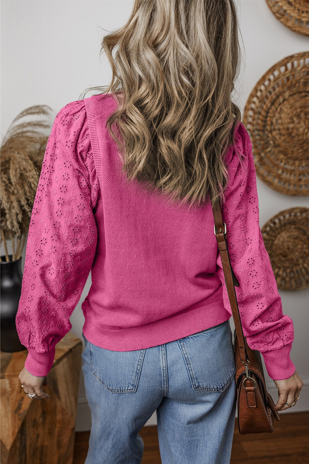 Eyelet Round Neck Long Sleeve Sweatshirt