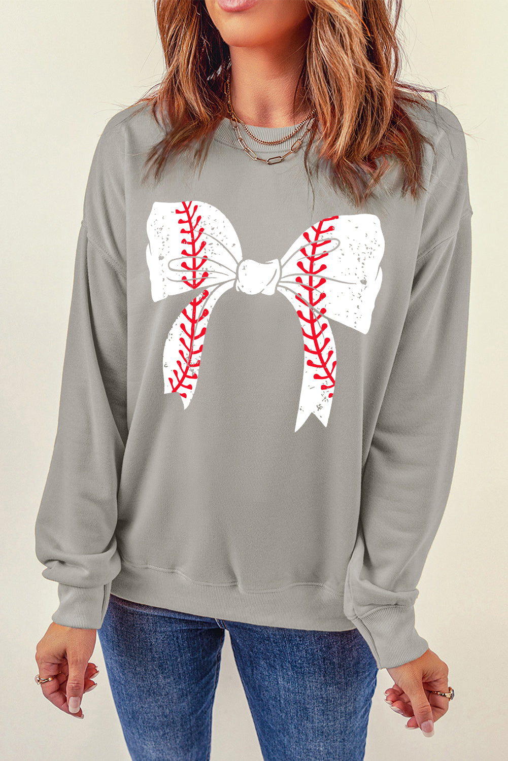 Bow Graphic Round Neck Long Sleeve Sweatshirt