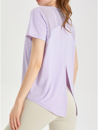 Slit Round Neck Short Sleeve Active T-Shirt