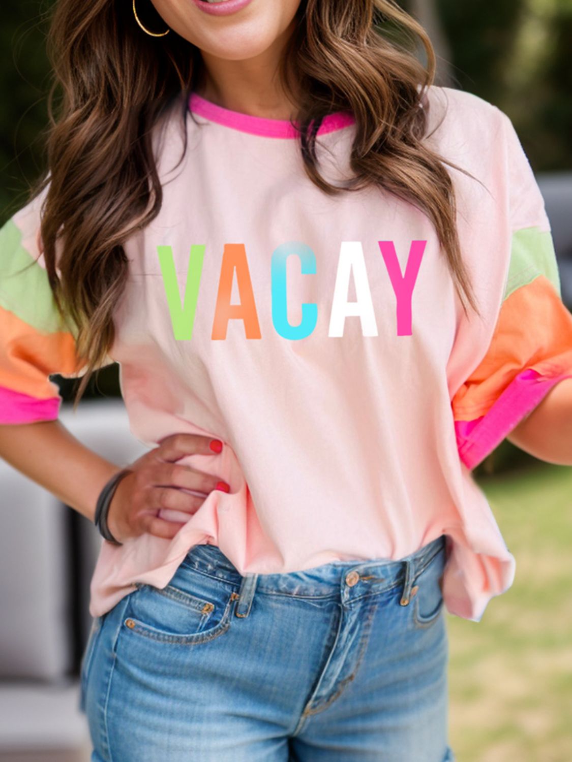 Letter Graphic Color Block Round Neck Half Sleeve T-Shirt