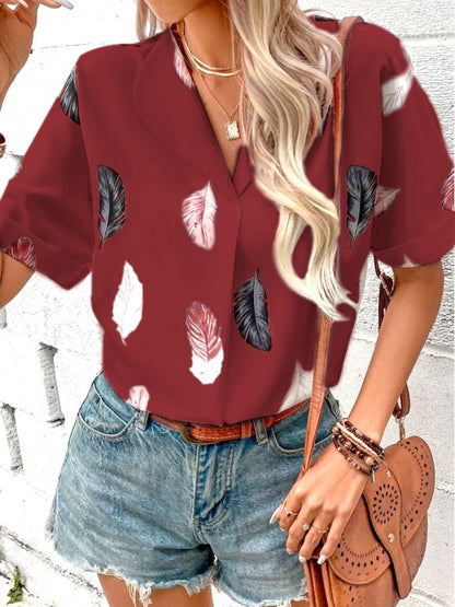 Full Size Printed Collared Neck Short Sleeve Blouse